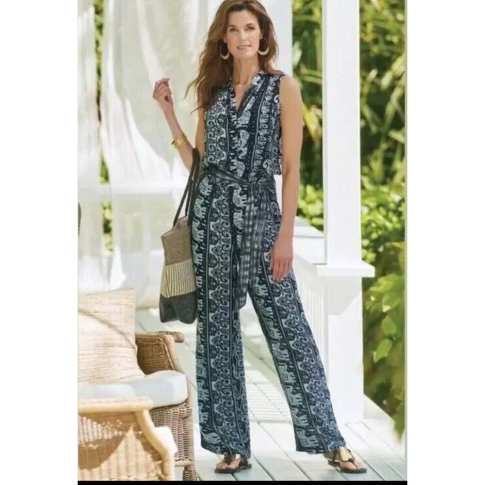 Soft Surroundings Navy and White Printed Sleeveless Jumpsuit